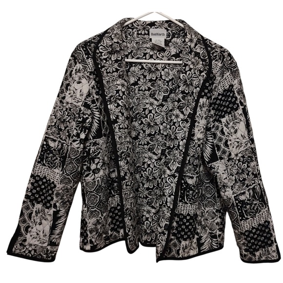 Bon Worth Quilted Jacket Floral Black White Womens Size Medium Petite Open Front - Picture 1 of 9
